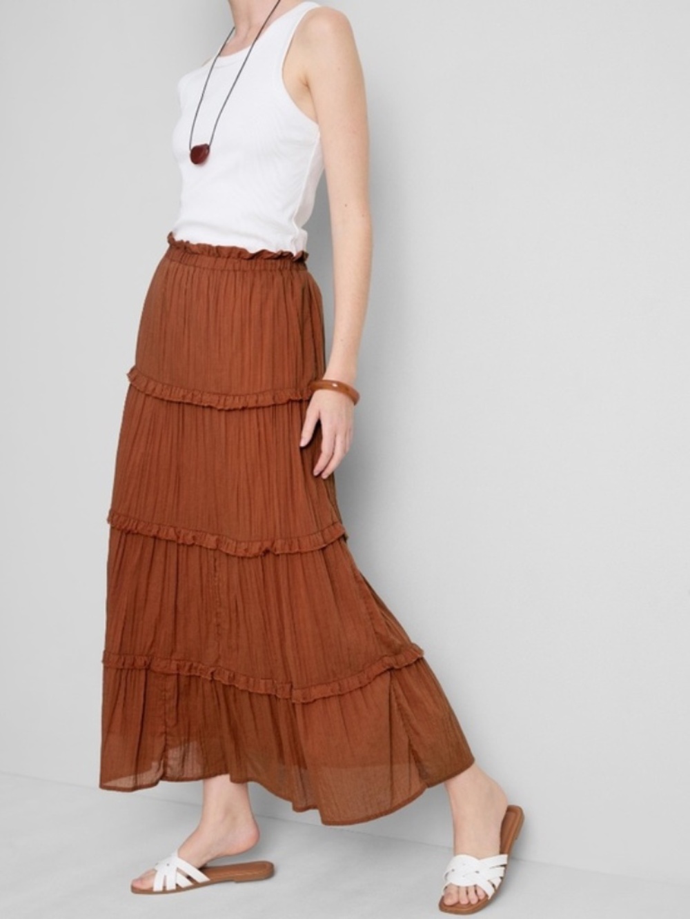 Dark Orange Tiered Voile Maxi Skirt